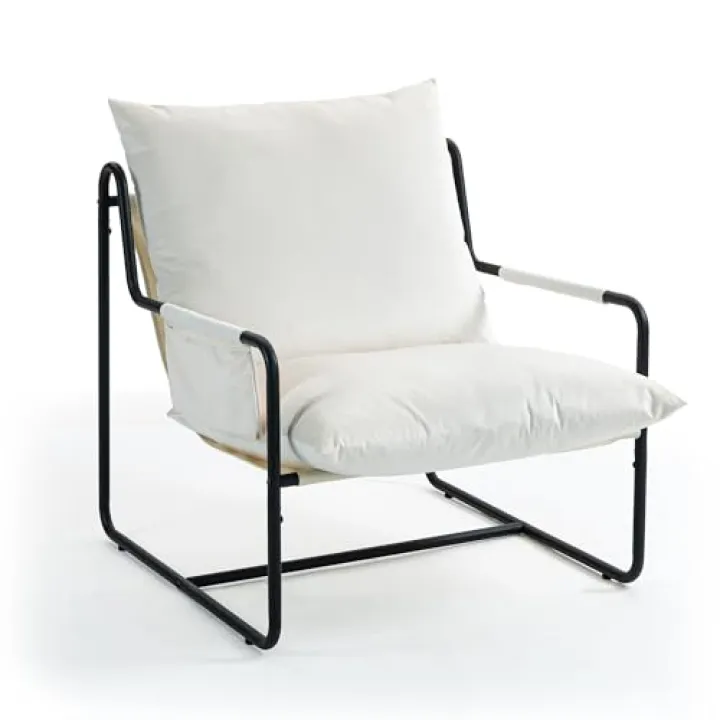 HFERTSCN Sedia a sdraio con imbracatura in velluto con tasca di stoccaggio in metallo cuscino rimovibile perfetto per il soggiorno in camera da letto ufficio e lettura (beige) FANDIAO