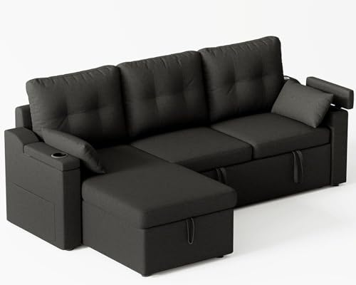 Reversible Sectional Sofa Couch, Pull-Out Sleeper Bed, Built-In Storage, Features Removable Cushion Covers, USB Type-C Ports, Modern L-Shaped Design, Perfect For Versatile Living Spaces, Black