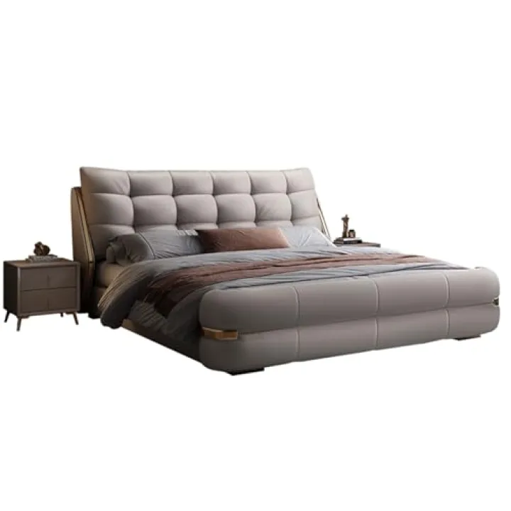 DLCQIJI Modern Genuine Leather Bed, King Size Upholstered Platform Bed Frame with Wingback Headboard and Lift Up Storage Strong Wooden Slat Support, No Box Spring Needed, Noise Free, Easy Assembly