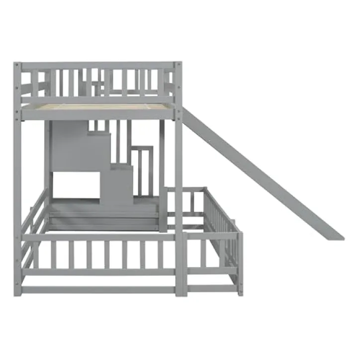 Grey Twin Over Full Bunk Bed with Slide & Storage Staircase | Solid Pine Wood | Space-Saving Design for Bedroom | Safe & Stylish Fun - 94.4" L x 100.4" W x 59.8" H