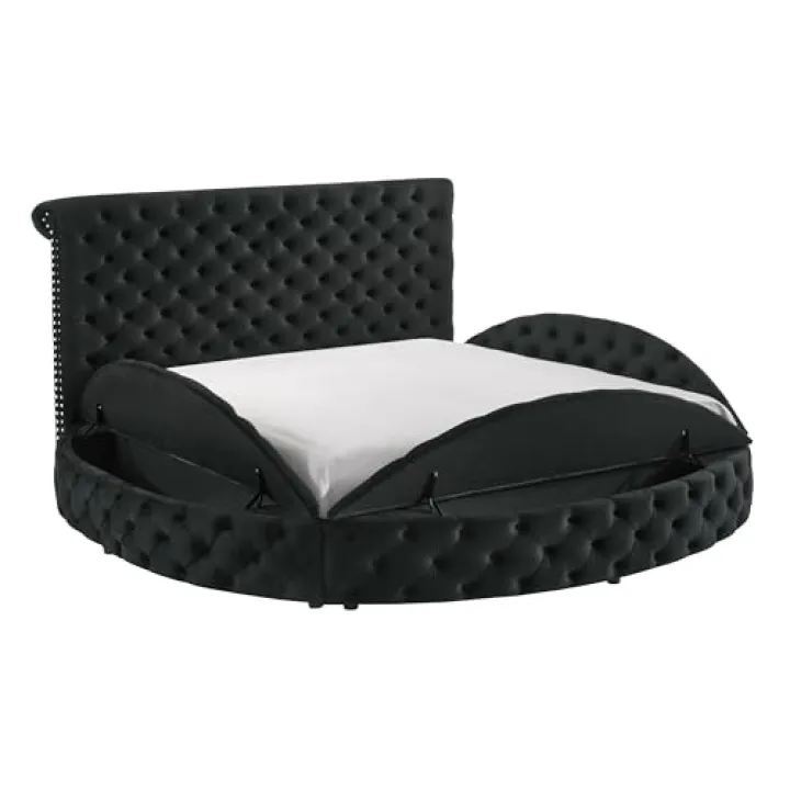 King Size Black Velvet Round Bed - Button-Tufted Storage Bed, Glam Style, 104"x94", Luxurious Bedroom Furniture.