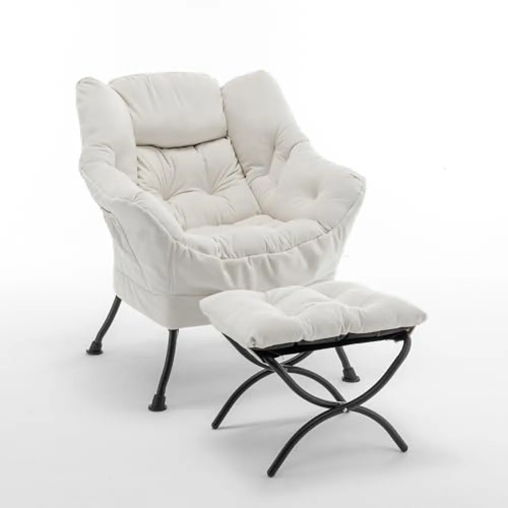 MPOLL Durable Stable Lounge Chair with Ottoman,Comfortable Upholstered Chaise Lounge with Side Storage Pocket,Modern Minimalist Style Reading Chair for Living Room,Bedroom,Study,Beige