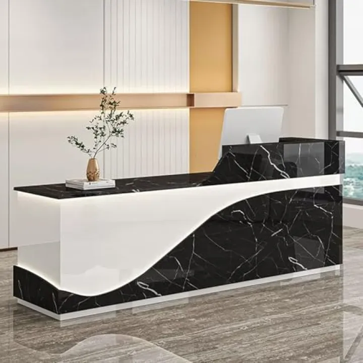 Scrivania moderna bianca con cassetti bloccabili, 140 cm, elegante bancone frontale per salone, ufficio e vendita al dettaglio, design contemporaneo per uso professionale