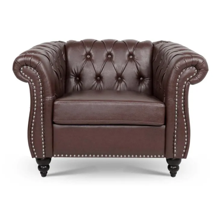 38.98 in. W Rolled Arms PU Leather Rectangle Classic Tufted Button 1 Seater Sofa in Dark Brown