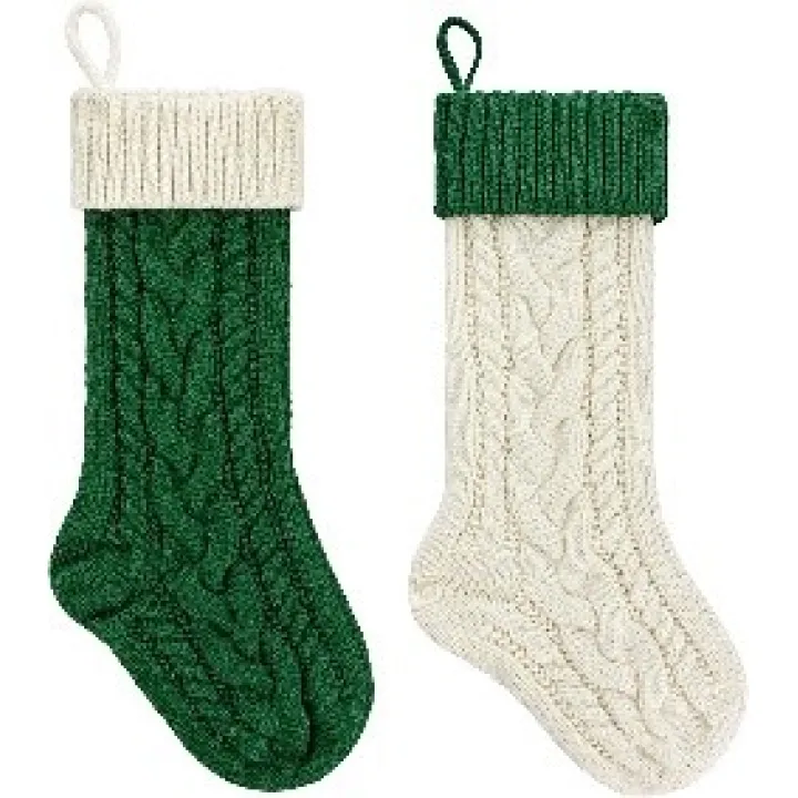 Christmas Stockings 18 Inches Large Size Cable Knitted Stocking Gift and Decorations for Holiday Family Xmas Party (Green and White, Pack of 2)